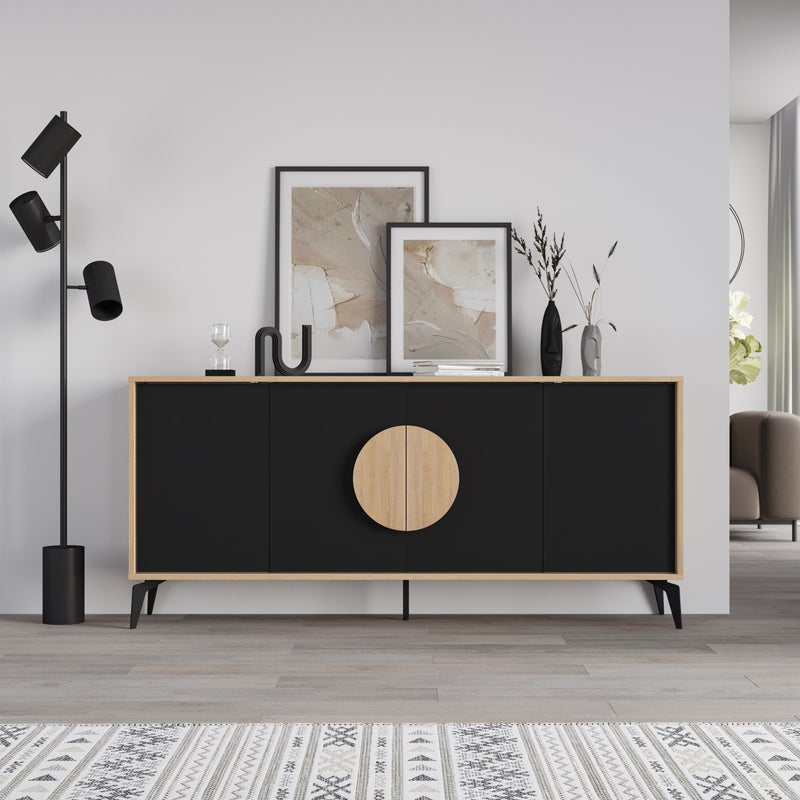 Mourah Home Gora Console - Modern Sideboard With 4 Doors - Storage Cabinet For Living Room, Office, Lounge, Dining Room, Kitchen, Hallway - 40X82X180 Cm - Oak/ Black- 2 Years Warranty - Image 2